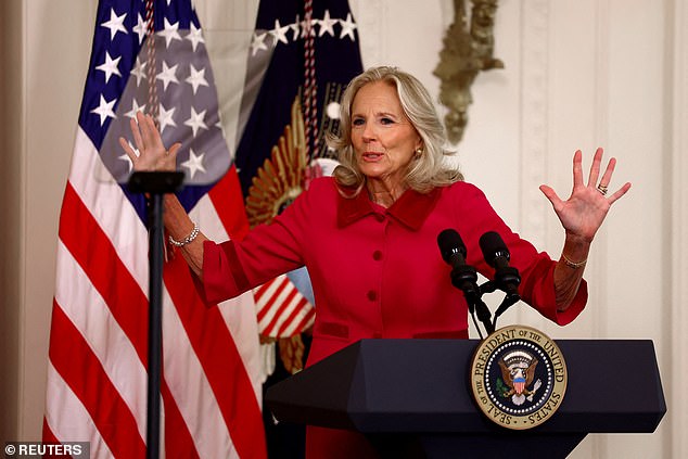 Just then, Dr. Jill Biden enters the Oval Office, dressed in her best blood red Lady Macbeth suit.