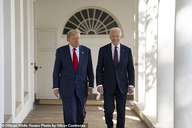 President Joe Biden walks to the Oval Office with President-elect Donald Trump through the White House colonnade.