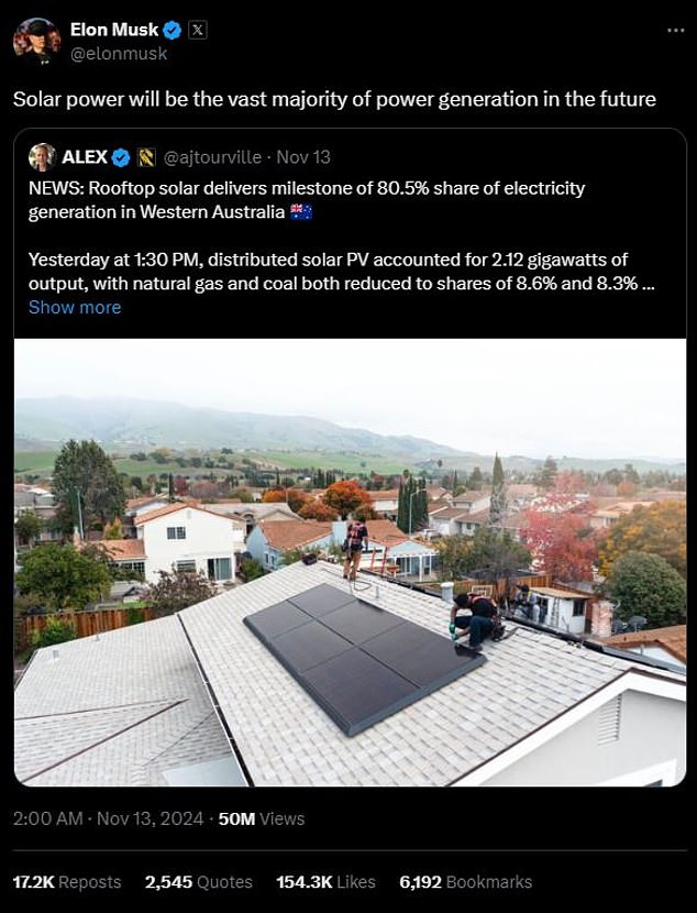 Musk shared a post on X showing companies installing solar panels on a roof in Western Australia, along with statistics showing solar panels produced 80.5 percent of the state's electricity generation.