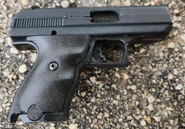 When the unidentified mother met with the suspect, Cerry Rodriques Banks, police say he pulled out his gun (pictured) and threatened the mother.