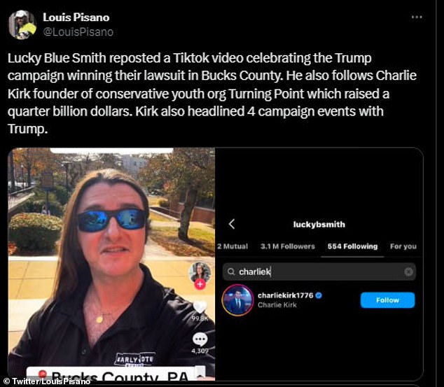 They pointed to screenshots showing Lucky allegedly shared an election celebration post by American conservative activist Scott Presler on his TikTok page and was apparently following conservative pundit Charlie Kirk.