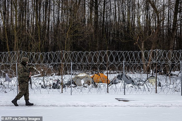 A Polish border guard officer patrols the border between Poland and Belarus, 2022