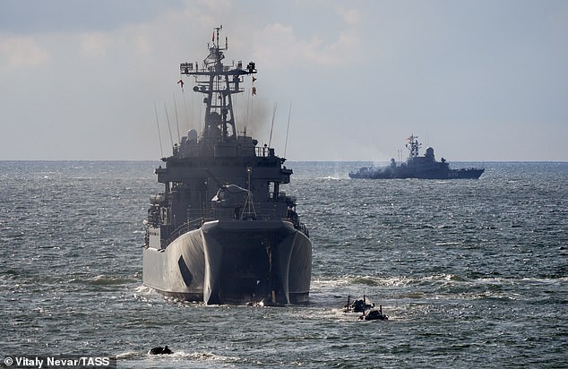 The large Minsk landing ship takes part in an amphibious landing exercise conducted by naval infantry units of the Russian Baltic and Northern fleets, off Kaliningrad in the Baltic Sea.