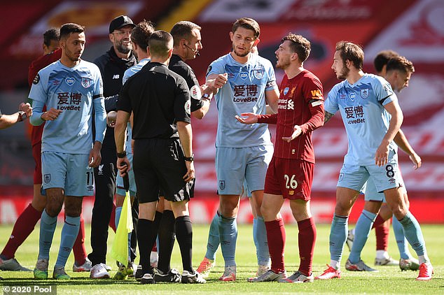 Coote (pictured being confronted by Liverpool's Andy Robertson) allegedly called the defender a 'Scottish b****'.