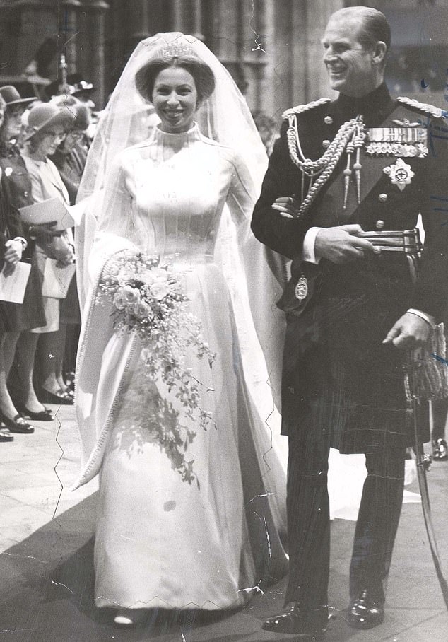 Princess Anne was accompanied to the ceremony at the Glass State Coach by her father, the late Duke of Edinburgh, who then walked her down the aisle.