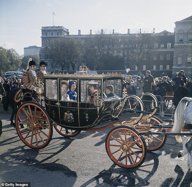 The Queen, the Queen Mother, the Prince of Wales and Prince Andrew arrived at Westminster Abbey on the Scottish state coach.