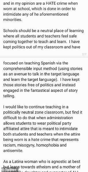 He argued in his letter that it is unfair that students can wear political clothing, but teachers cannot.