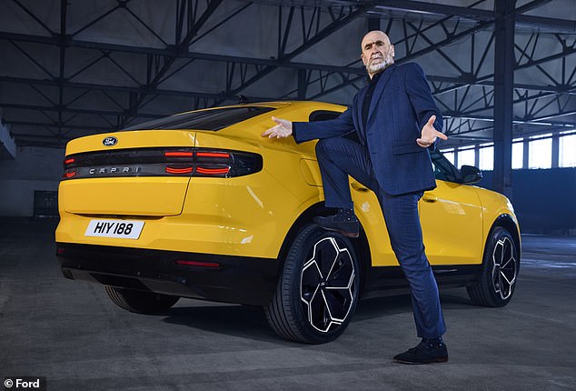 Eric Cantona photographed with the 2024 Ford Capri after being featured in a well-orchestrated viral social media campaign hinting at the return of one of the biggest automotive names of the 1970s and 1980s. 'The legend is back' is the slogan of Capri's campaign