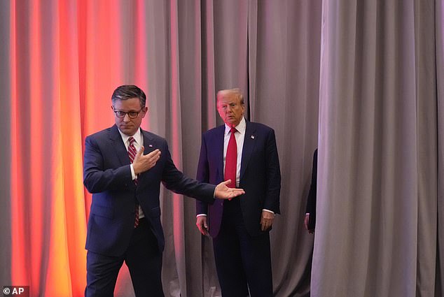 President-elect Donald Trump, joined by House Speaker Mike Johnson of Louisiana, for a meeting with the House Republican conference.