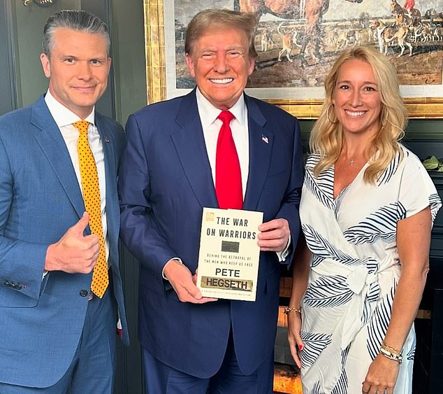 Hegseth and Rauchet are seen promoting their book alongside Trump at the president-elect's golf course in Bedminster, New Jersey.