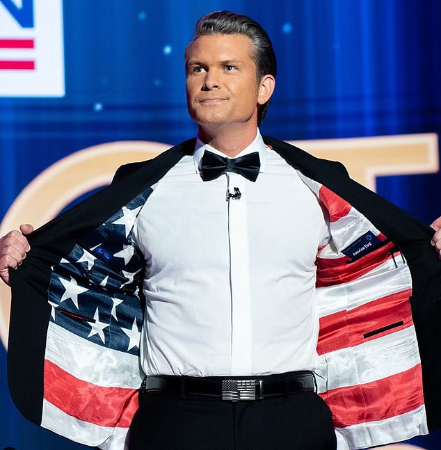 Hegseth sporting a tuxedo lined with an American flag and featuring a muted flag belt buckle.