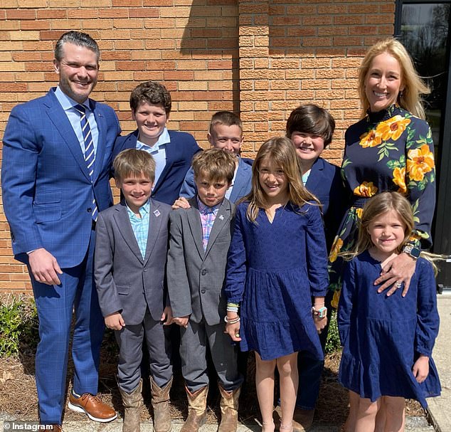 Hegseth is pictured with her four children, from two different marriages, as well as Rauchet's three children from her first marriage.