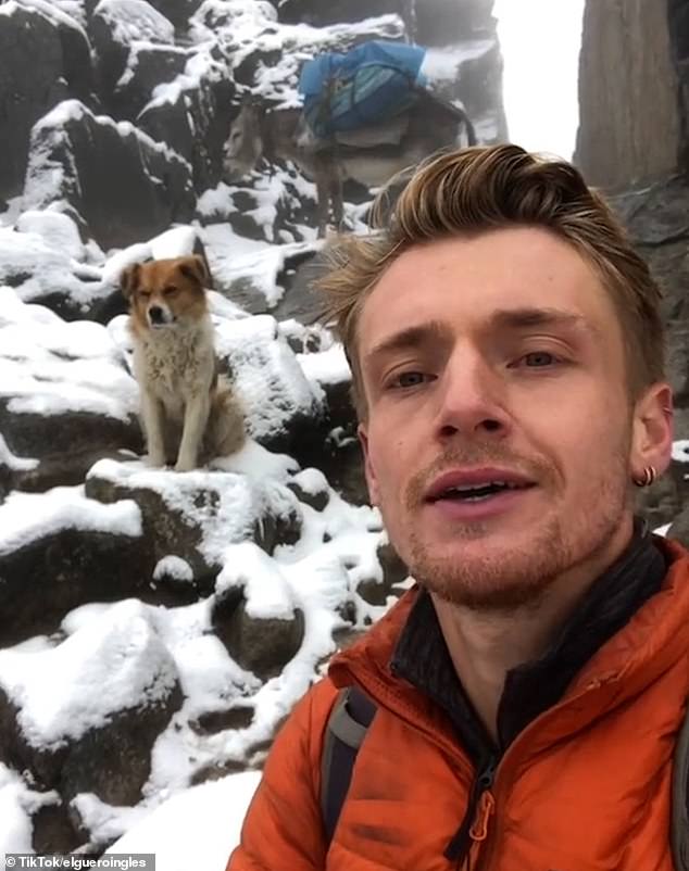 The hiker poses for a selfie with the dog that took him to the top of the mountain