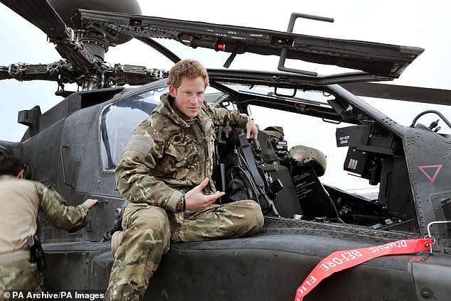 Prince Harry served as an Apache helicopter gunner with 662 Sqd Army Air Corps, from September 2012 to January 2013. (Pictured at Camp Bastion, southern Afghanistan, in 2012, where Prince Harry served) .