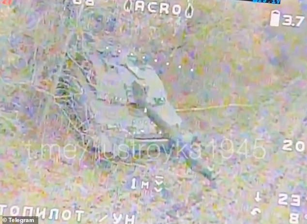 Images shared by the Telegram Troika milblogging channel showed how an FPV drone swooped on the British armor sticking out of some bushes.