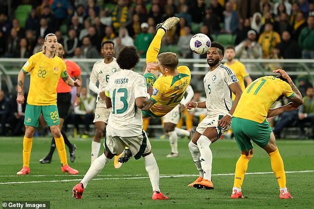 Riley McGree (third from left) produced a sensational overhead kick but cut a distraught figure as his team struggled to find the back of the net.