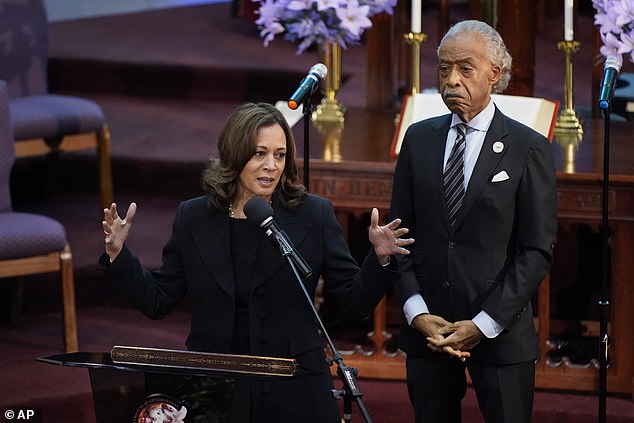 Sharpton's conversation with the vice president (pictured attending the memorial together in May 2022) drew criticism for his softball questioning