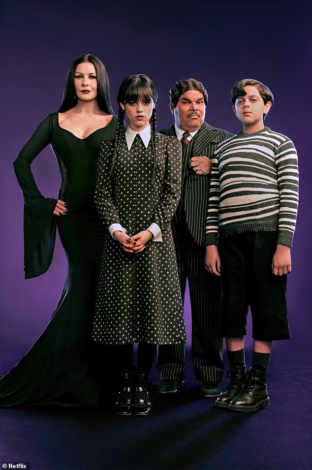 Wednesday stars Catherine Zeta-Jones as Morticia Adams, Jenna Ortega as Wednesday Addams, Luis Guzmán as Gómez Addams and Issac Ordóñez as Pugsley Addams.