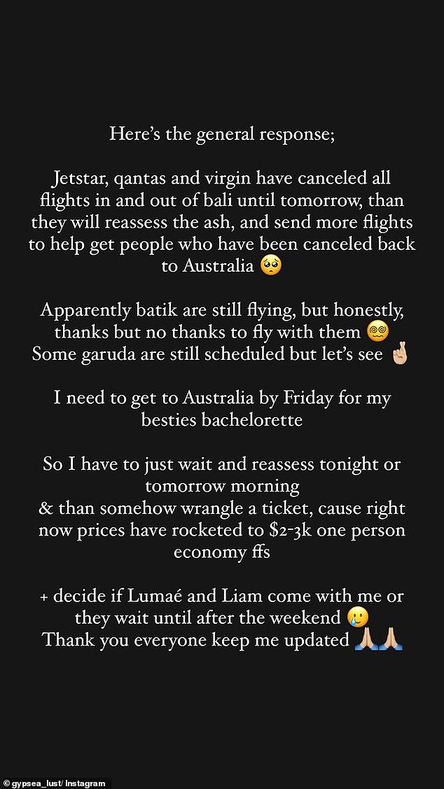 Lauren lives in Bali with her boyfriend Liam and her daughter Lumaé. They are currently unable to travel back to Australia after Jetstar and Virgin Australia canceled all flights due to ash clouds from Mount Lewotobi Laki-Laki in Indonesia.