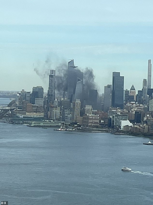 Social media was quickly flooded with concerned New Yorkers sharing images of the inferno, including from across the Hudson River in New Jersey, showing a thick plume of smoke floating over the water.