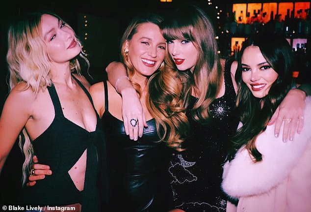 Blake and Taylor appear at the latter's birthday party last year, flanked by supermodel Gigi Hadid (left) and Miles Teller's wife Keleigh Sperry (right).