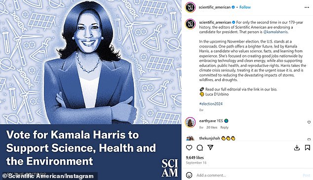 Scientific American endorsed Kamala Harris for president in September and asked readers to vote Democratic 