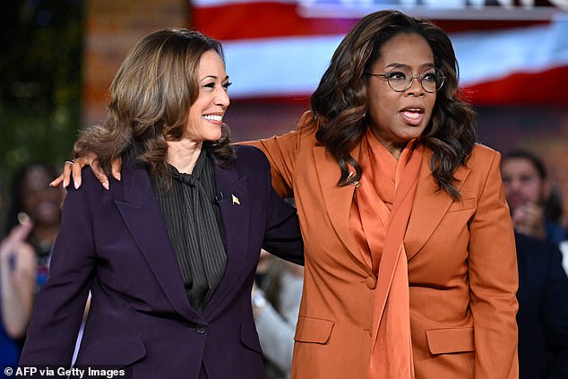 US Vice President and Democratic presidential candidate Kamala Harris (L) joins US television producer Oprah Winfrey at a live-streamed 'Unite for America' rally in Farmington Hills, Michigan, on September 19, 2024.