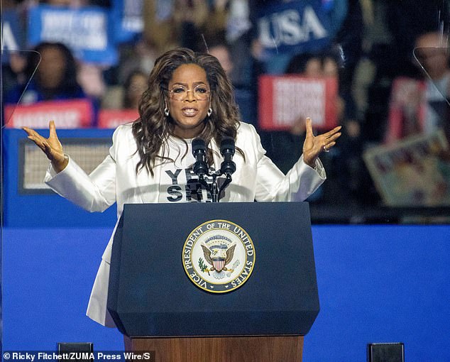 Oprah Winfrey speaking at Vice President Kamala Harris' final campaign rally in Philadelphia