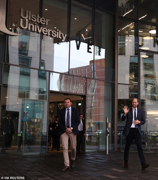 The Prince of Wales, 42, smiled and waved as students shouted anti-monarchy sentiments in the background.