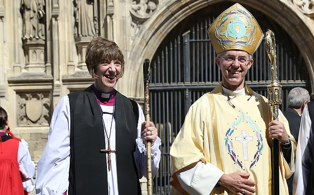 A number of female bishops are already being touted as replacements for Welby (right), including the Bishop of Gloucester, Rachel Treweek, 61, left, writes Amanda Platell.