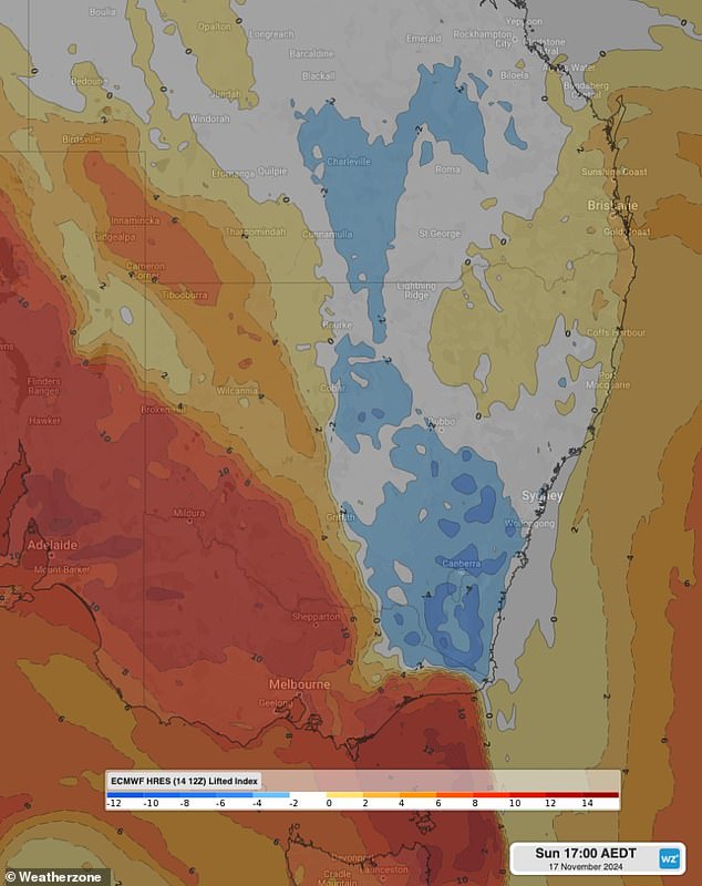 Meteorologist Ashleigh Madden explained that unstable atmospheric conditions (forecast highlighted in blue and white) caused by the front combining with moist air are expected to cause large storms.