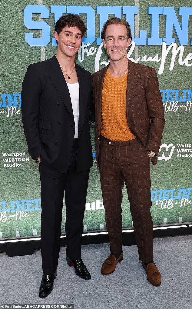 James posed next to actor Noah Beck, 23, who was wearing a black suit and white shirt.