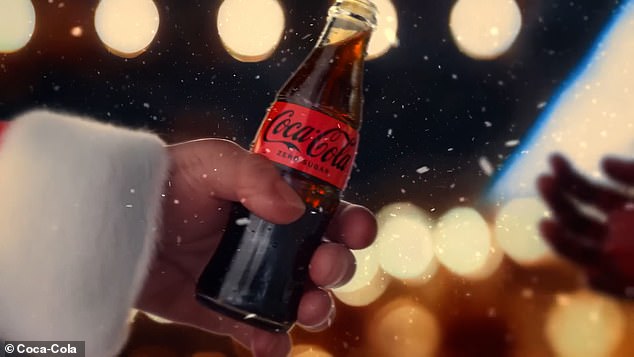 At one point in the ad, Santa Claus is seen handing a bottle of Coca-Cola to a jubilant viewer.