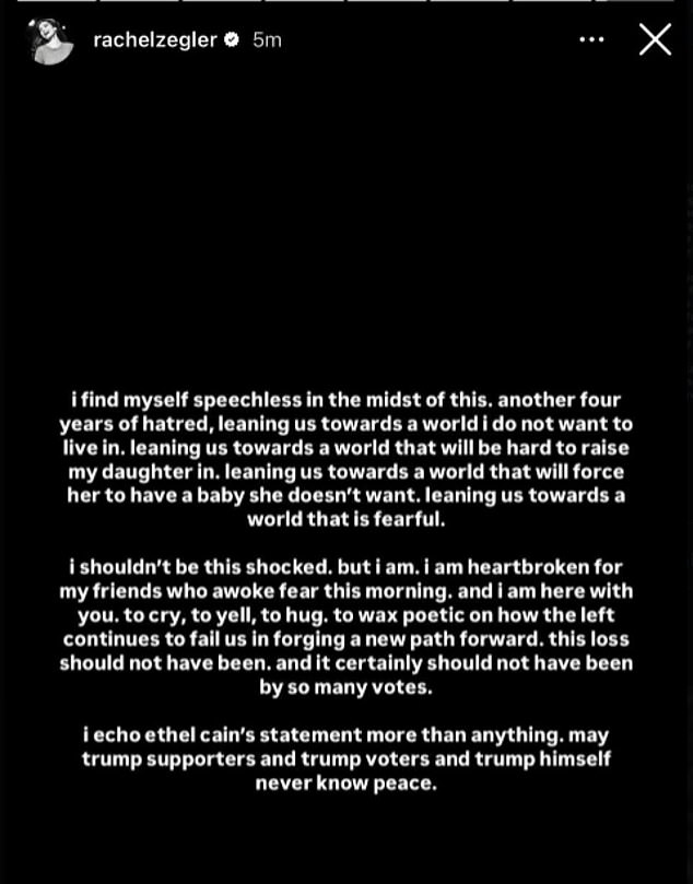 After Donald Trump's resounding election victory last week, Zegler shared a series of devastating messages with her 2.3 million followers. “I find myself speechless in the middle of this,” she said. 'May Trump supporters and Trump voters and Trump himself never know peace'