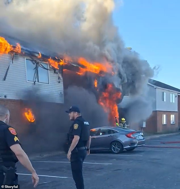 A fire raged at an apartment complex in Norfolk, Virginia, on Tuesday afternoon, sparked by 