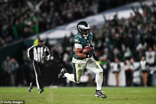 The running back totaled 198 yards and two touchdowns as Philadelphia earned a vital victory.