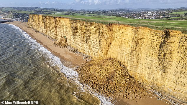 The 180 million-year-old cliff is prone to rockfalls, with hundreds of tonnes of rocks falling onto West Bay beach.