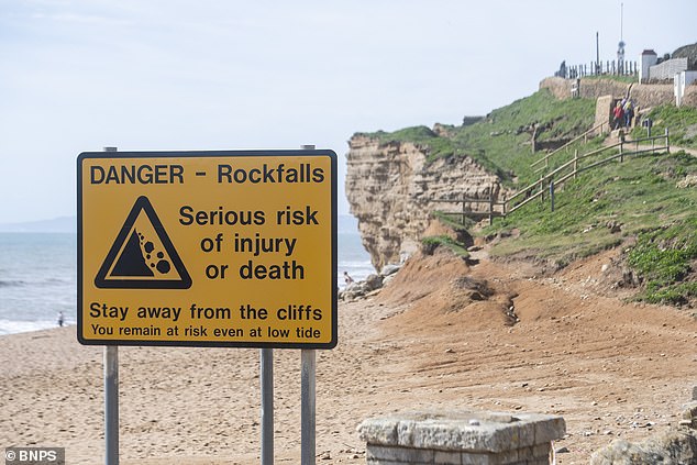 Warning signs have been put up on Hive beach, outside Burton Bradstock, urging people to 