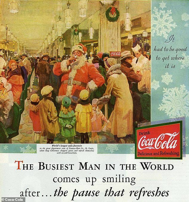 Chicago-born artist Fred Mizen painted this department store Santa Claus among a crowd drinking the now-famous drink.