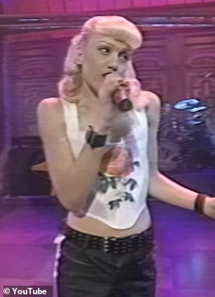 Gwen was seen wearing a white Vivienne Westwood bustier with a rose, which she wore almost 30 years ago in her Spiderwebs music video and in her performance of Just a Girl on Late Night with David Letterman.