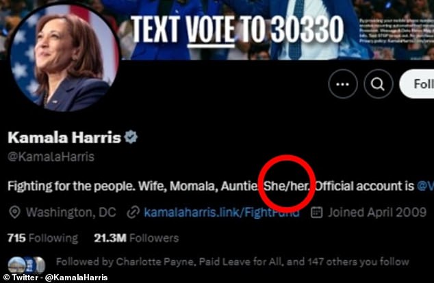 Kamala Harris prominently displays 'she/her' pronouns on her profile on X. She lost the 2024 US presidential election, handing control of the presidency to Donald Trump.