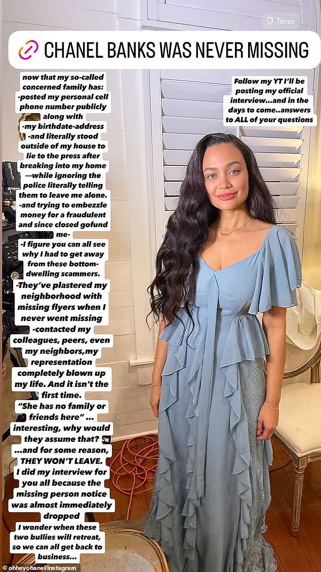 On her Instagram Story, the same day she shared the interview preview, Banks issued a harsh rebuke to her family and listed her reasons for posting an exposé, including the alleged public publication of her personal cell phone number, date of birth and direction.