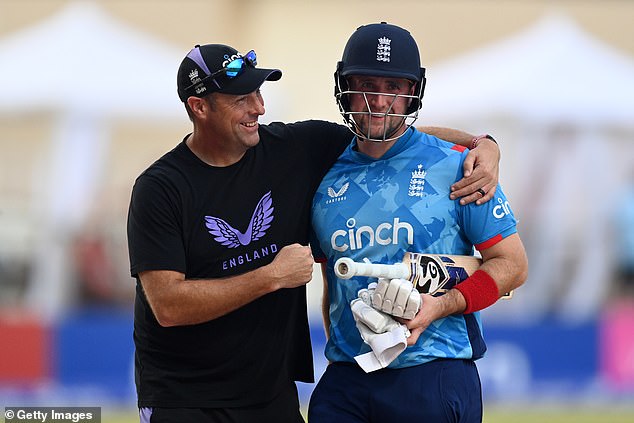 Trescothick pictured celebrating with Liam Livingstone after a win in an ODI match in Antigua