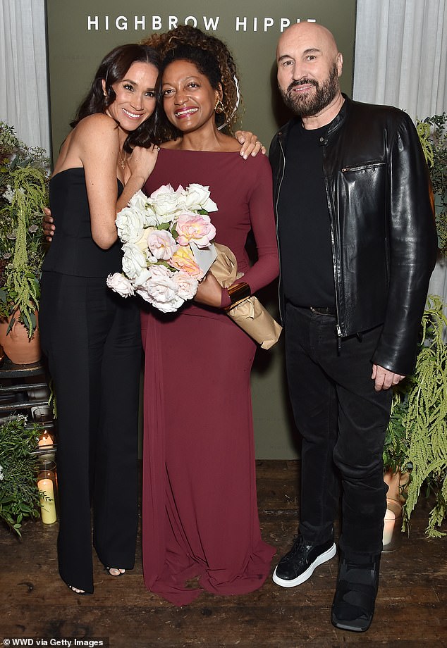 The Duchess of Sussex (pictured left), 43, put on a glamorous display in a black sleeveless top and wide-leg pants while supporting her friend and A-list hairstylist Kadi Lee (center of photo) in Venice , California. In the photo on the right, the famous stylist Serge Normant