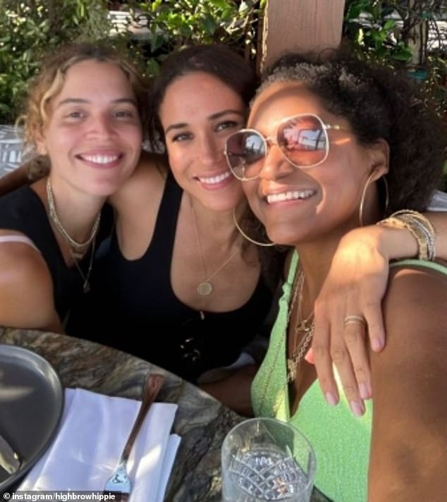 The Duchess of Sussex (centre) with glamorous Instagram poet Cleo Wade (left) and celebrity colourist Kadi Lee (right) to celebrate her 42nd birthday.