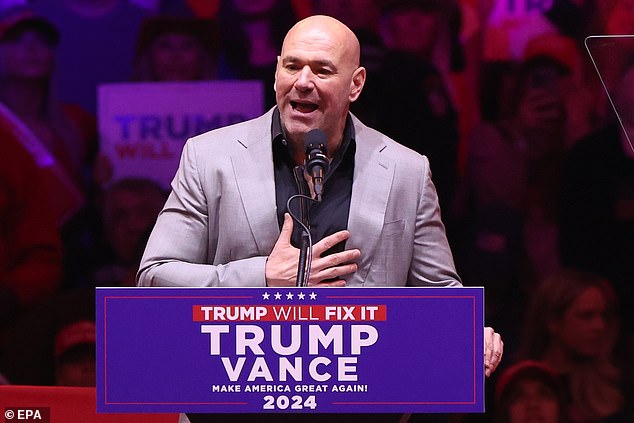 Dana White, American businessman and president of UFC, speaks during a rally for former US president and Republican presidential candidate Donald Trump, at Madison Square Garden