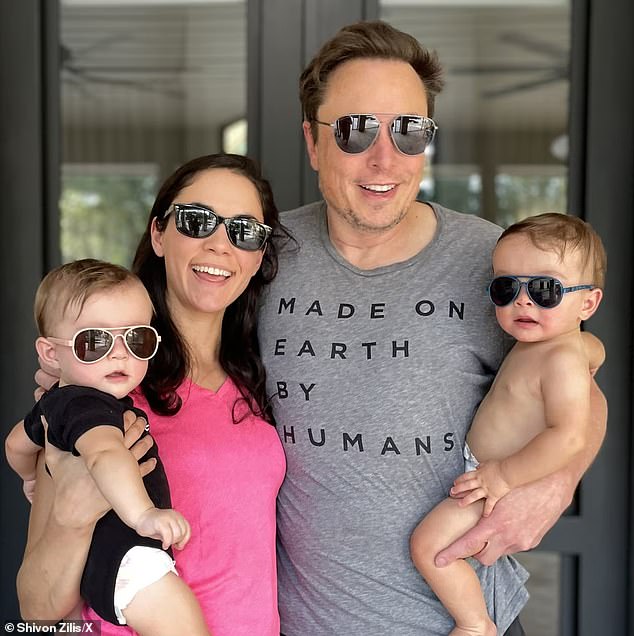 Musk shares three children, including twins, with Shivon Zilis, an executive at Neuralink, Musk's brain technology startup (pictured along with his twins Strider and Azure).