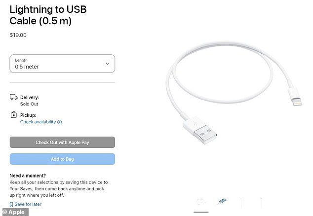 As Apple moves toward USB-C, it is phasing out remaining Lightning cable products. MailOnline discovered that the lighting to USB cable (pictured) and Lightning to VGA adapter are also out of stock