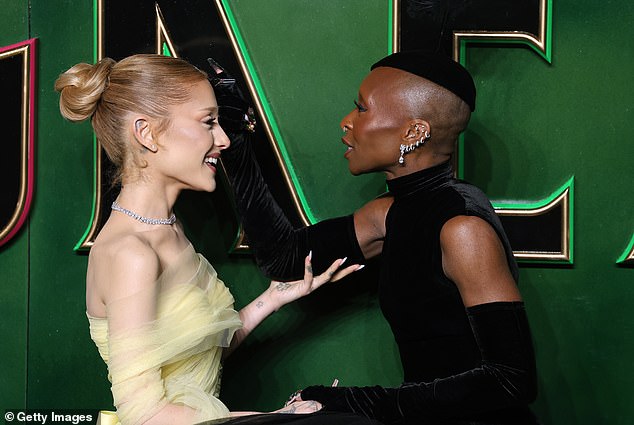 Posing alongside her co-stars Cynthia Erivo and Jonathan Bailey, the star showed off slim shoulders and prominent collarbones, while her breastbone was also visible. Pictured at the premiere in London last night.