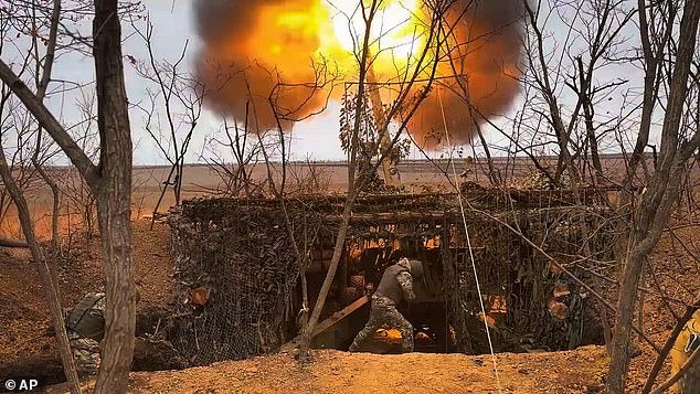 A Russian Giatsint-b weapon fires towards Ukrainian positions at an undisclosed location in Ukraine, November 19, 2024.